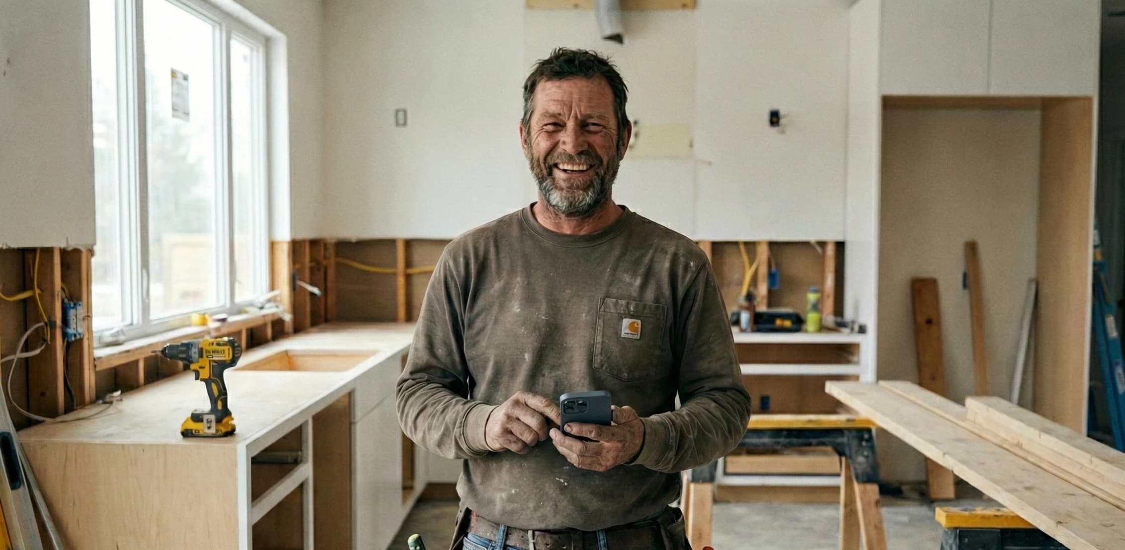 Service contractor holding a smartphone in a partially renovated kitchen