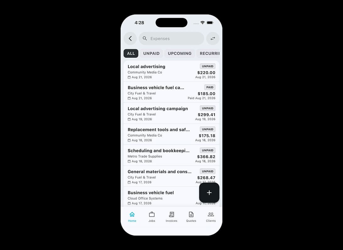 TREVY expense tracking app showing searchable paid and unpaid business expenses with supplier, date and amount details