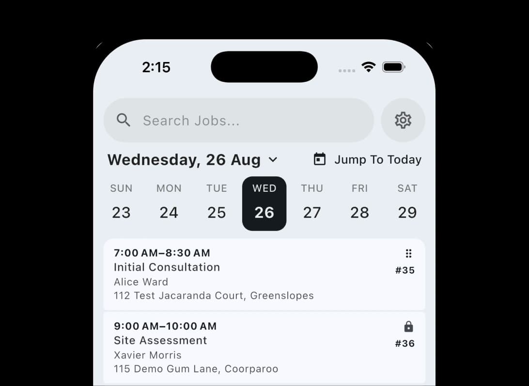 TREVY job scheduling app showing a daily field service schedule, client arrival window and travel departure time