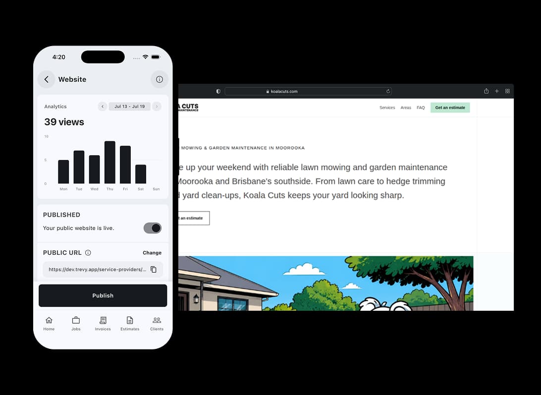 TREVY website dashboard with visitor analytics beside a published lawn care business website