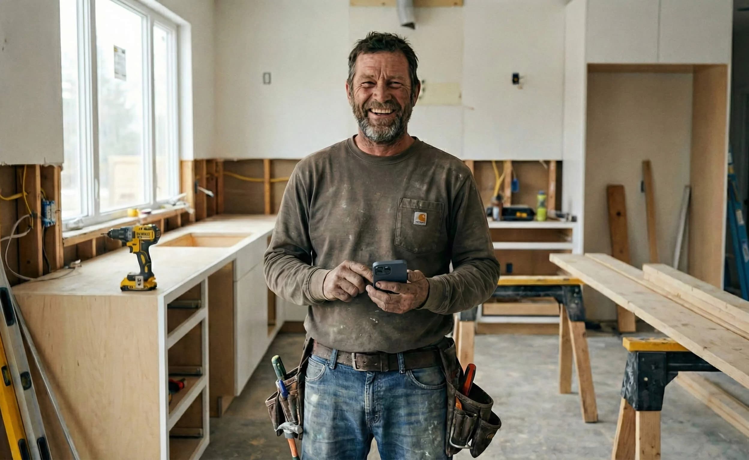 Smiling tradesman holding phone using TREVY Field Service Management App to schedule jobs, send quotes, and manage business