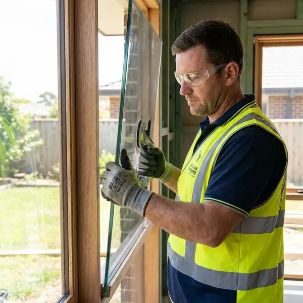 Professional glazier wearing safety glasses and a high-vis vest fitting a sheet of glass to a window, after the client easily scheduled the job and received a booking confirmation email earlier that day