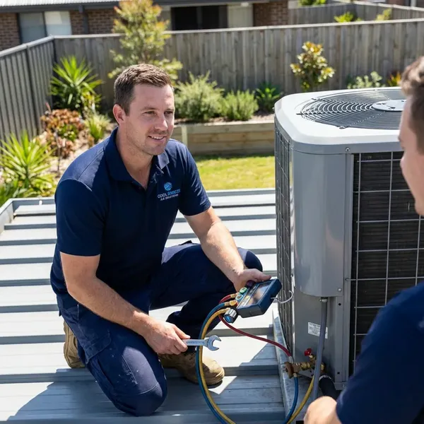 HVAC technician squatting down near an outdoor air conditioner unit, looking up happily at a satisfied client who is now safely stored in his CRM