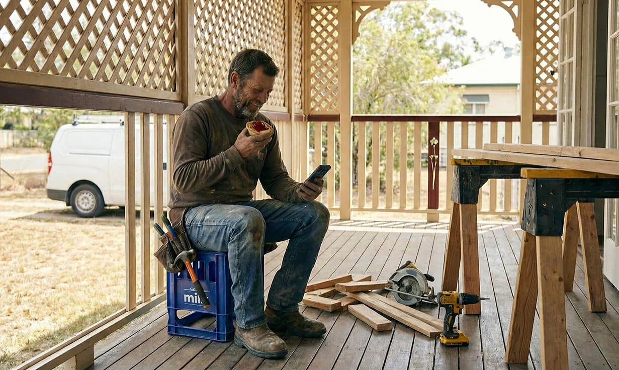 Professional tradesman sitting having lunch while using his phone to look through the rest of the day's job schedules on the TREVY app.