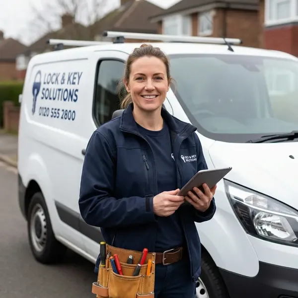 Smiling female locksmith standing in front of her work van holding an iPad, arriving to a client who was at ease knowing exactly when she would arrive via the live tracking link