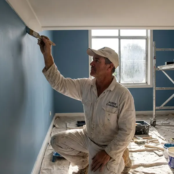 Professional painter in white overalls actively painting a new blue coating on a client's wall with a paintbrush, knowing exactly how much he will get paid from the approved quote