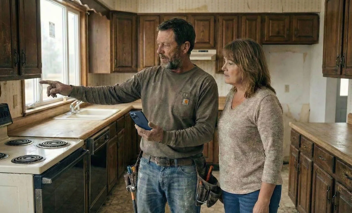 A carpenter standing next to a female client holding his phone in the family kitchen. He is pointing at the old kitchen cupboard and he is running through the quote with the client as he adds it to the quote in the TREVY app - he will send it when he heads to the next job